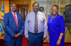 Postbank's Chairperson, Amb. Sarah Serem, and Managing Director, Raphael Lekolool, during discussions with the Prime Cabinet Secretary Hon. Musalia Mudavadi